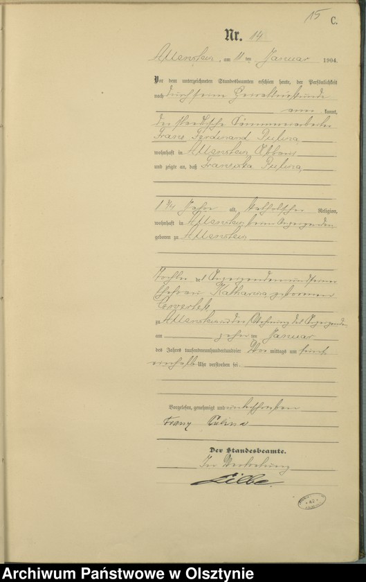 image.from.unit.number "Sterbe-Haupt-Register Tom I, Nr 1 - 398"