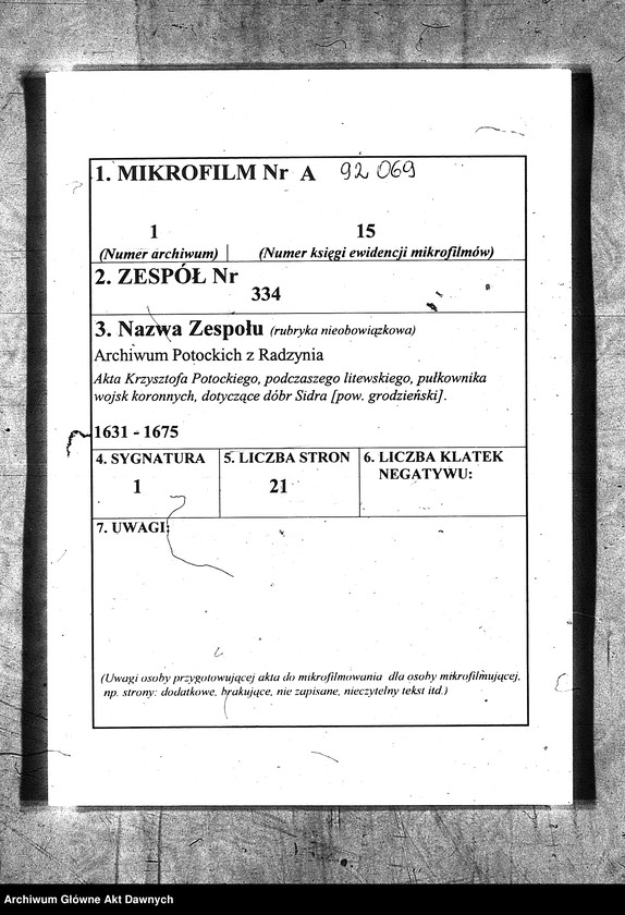 image.from.unit.number "Akta Krzysztofa Potockiego, podczaszego litewskiego, pułkownika wojsk koronnych, dotyczące dóbr Sidra [pow. grodzieński]."