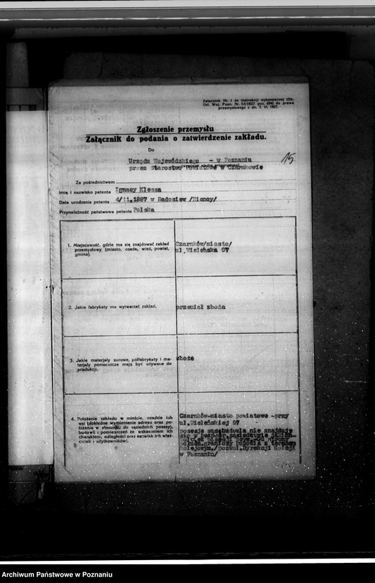 Obraz 19 z jednostki "Zatwierdzenie zakładu przemysłowego / młyn parowy/ Klessy Ignacego w Czarnkowie"