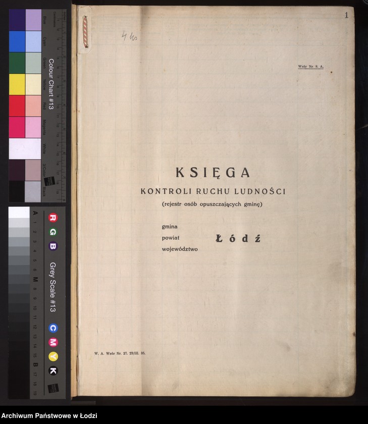 Obraz 4 z jednostki "Księga kontroli ruchu ludności (rejestr osób opuszczających gminę) Łódź, zespół VIII, lit. U, W, Z, Ż"