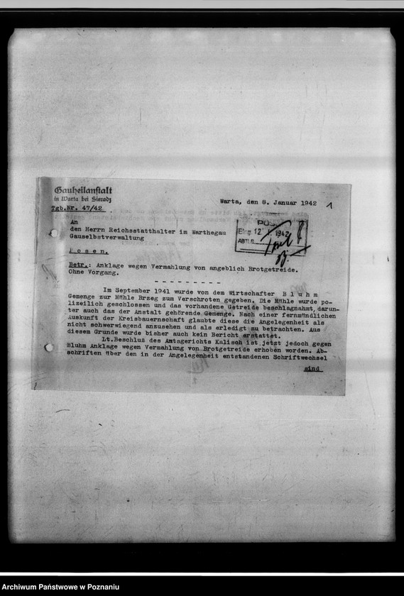 Obraz 5 z jednostki "Strafverfahren wegen Vermahlung von Brotgetreide - Gauheilanstalt Warta bei Sieradz."