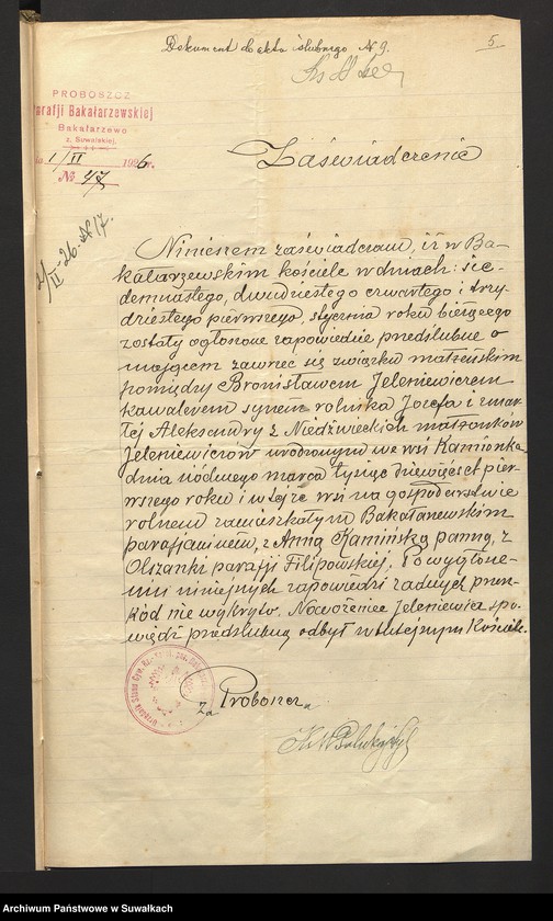 image.from.unit.number "Dokumenty Przedstawione do ślubnych aktów w roku 1926, Filipowskiej Rzymsko-Katolickiej parafji."