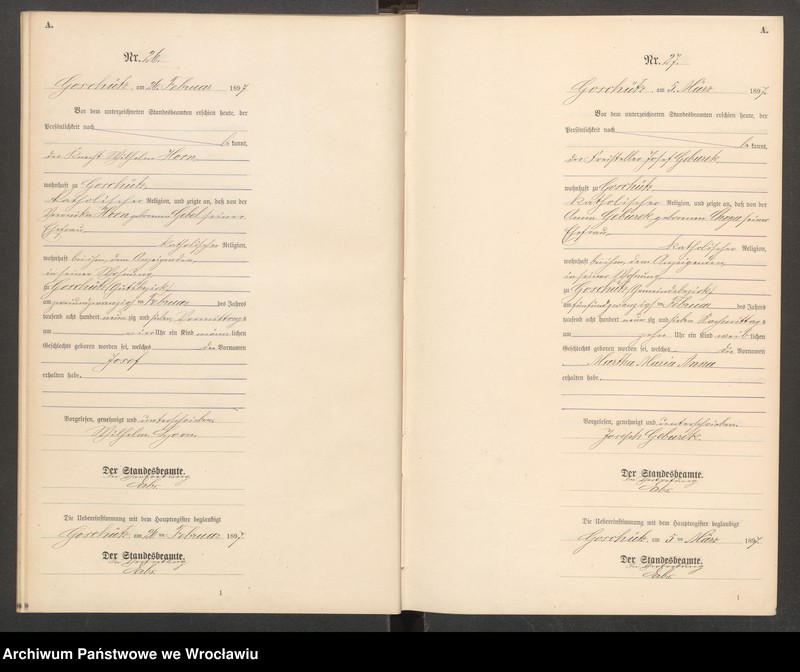 Obraz 16 z jednostki "księga urodzeń Urzędu Stanu Cywilnego w Goszczu (Goschütz) 1897"