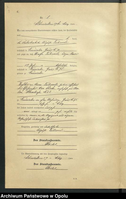 Obraz 13 z jednostki "Sterbe-Register (Neben-Register) Standesamt Altewalde 1910 No. 1 bis 45"