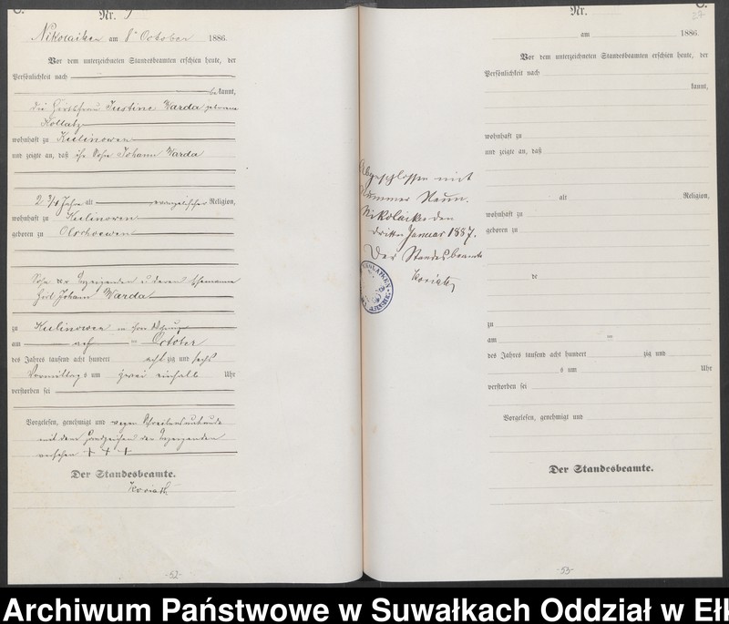 image.from.unit.number "Sterbe-Haupt-Register des Königlich Preussischen Standes-Amtes Forstrevier Nicolaiken Kreis Sensburg für das Jahr 1885[do 1887]"