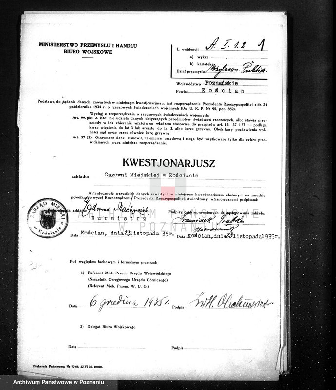 Obraz 5 z jednostki "Kwestionariusz Gazowni Miejskiej w Kościanie"