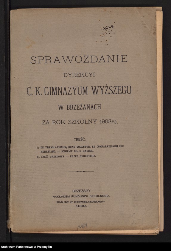 image.from.unit.number "Sprawozdanie Dyrekcji c.k. Gimnazjum Wyższego w Brzeżanach za rok szkolny 1908/9"