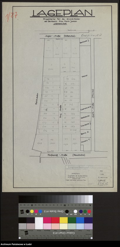 Obraz 1 z jednostki "Lageplan Projektierter Teil des Grundstückes des Besitzerin Frau Marie Jankau Litzmannstadt"