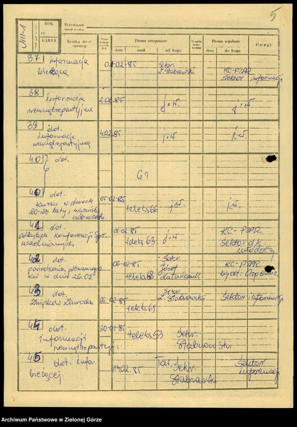 image.from.unit.number "Teleksy z KW do KC, styczeń - maj 1985"