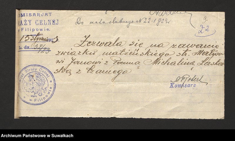 image.from.unit.number "Dokumenty załączone do ślubnych aktów stanu cywilnego w parafji R. Kat. Filipowskiej w roku 1923"