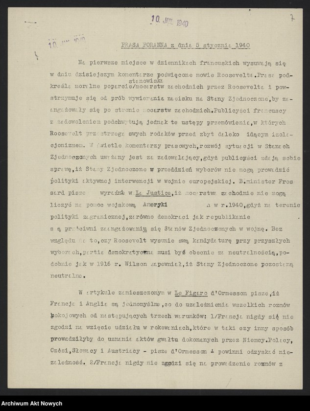 Obraz 9 z jednostki "Przegląd prasy angielskiej z 3-4 I 1940 r. i francuskiej z 5 I 1940 r."