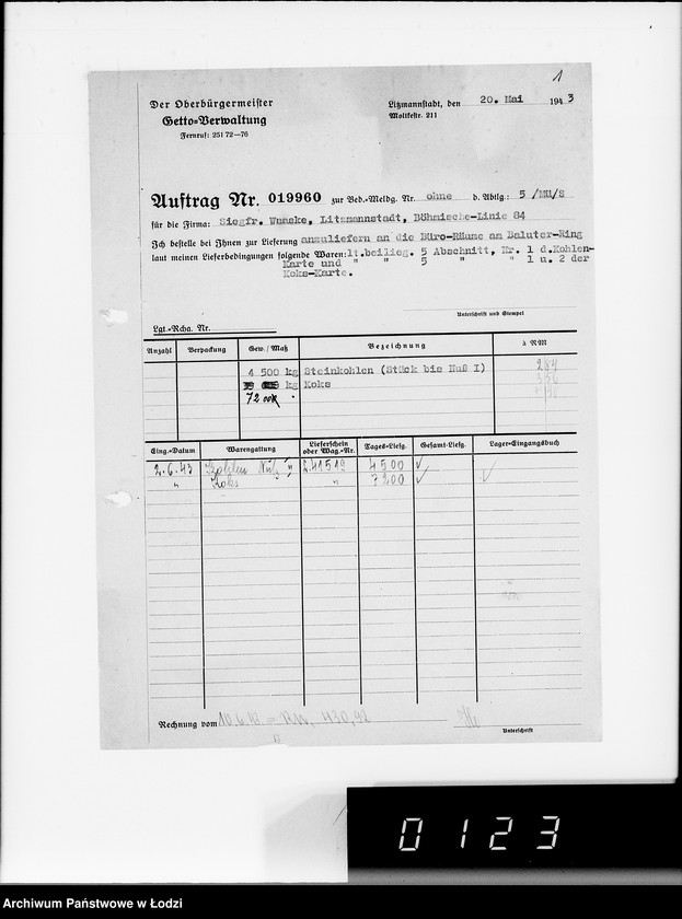 Obraz 5 z jednostki "Lebensmitteleinkauf. Aufträge, [Lieferscheinen und Rechnungen] 19941-19960 [Dostawa artykułów pierwszej potrzeby do Getta]"