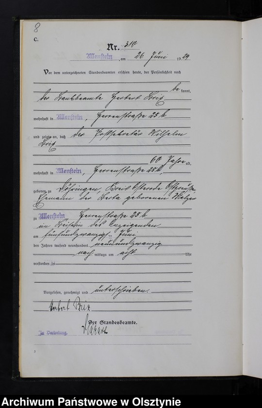 image.from.unit.number "Sterbe-Haupt-Register Tom II, Nr 304-567"