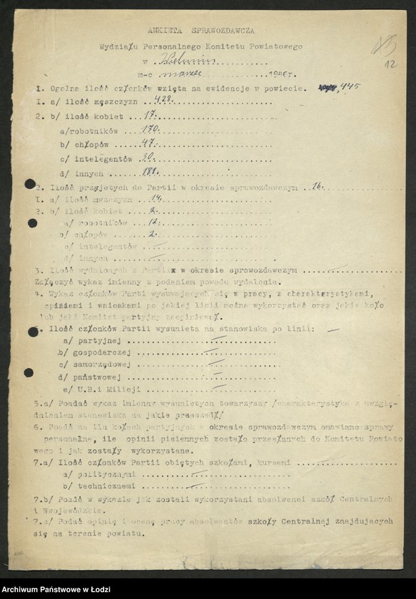 Obraz 13 z jednostki "Ankiety sprawozdawcze instruktora Komitetu Powiatowego Wieluń [z załącznikami]"