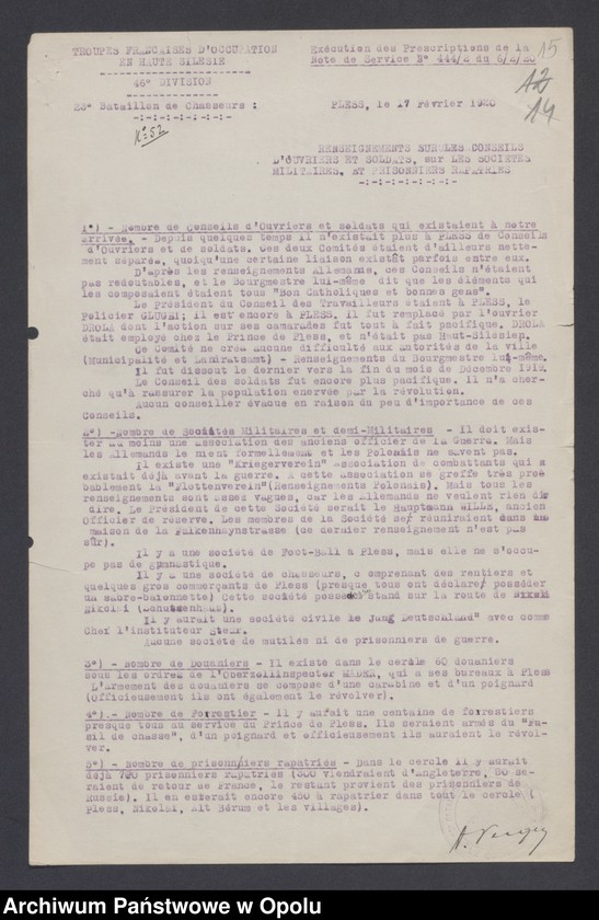 Obraz 17 z jednostki "Tableau des forces de Police, Einwohnerwehr SP, Tendances Militaires /1. Tablica przedstawiająca stan sił policji niemieckiej " Sicherheitspolizei" 2. Wiadomości o radach robotniczych i żołnierskich, 3. Wiadomości o organizacji niemieckiej "Einwohnerwehr" 4. Wiadomości o organizacji "Sicherheitspolizei". 5. Wiadomości o różnych organizacjach niemieckich paramilitarnych/"