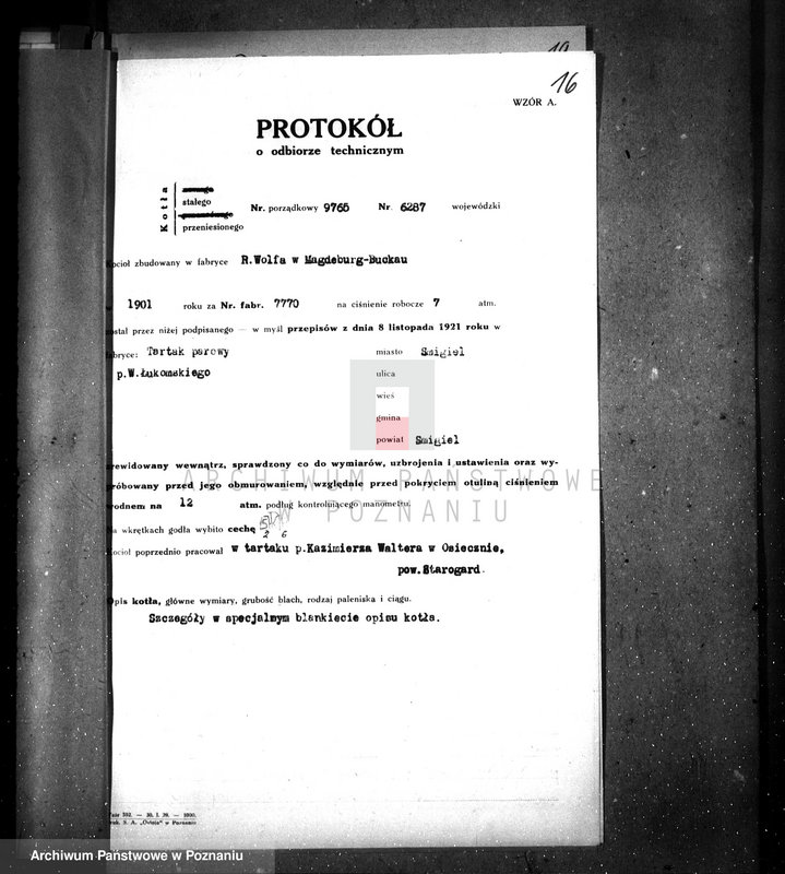 Obraz 20 z jednostki "Tartak w Śmiglu pow. kościański, własność W. Łukomskiego nadzór nad kotłem parowym"