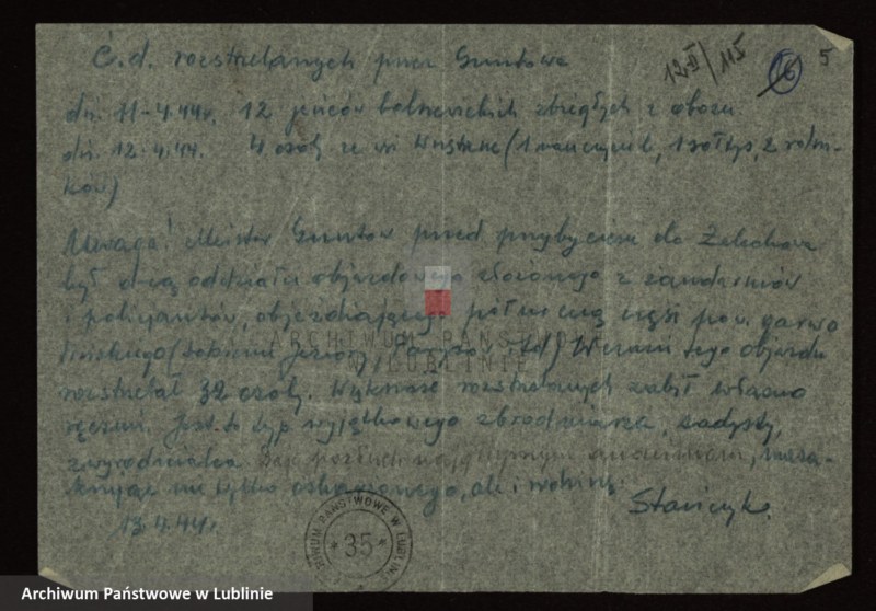 image.from.unit.number "[Raport Rejonu II za okres 15-30.IV.1943 r. oraz listy imienne osób rozstrzelanych przez dowódcę posterunku żandarmerii niemieckiej w Żelechowie Alberta Guntrowa za III-IV.1944 r.]"