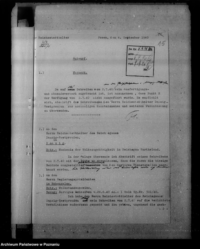 Obraz 19 z jednostki "Zarządzenia i korespondencja w sprawie zaświadczeń o pochodzeniu niemieckim"