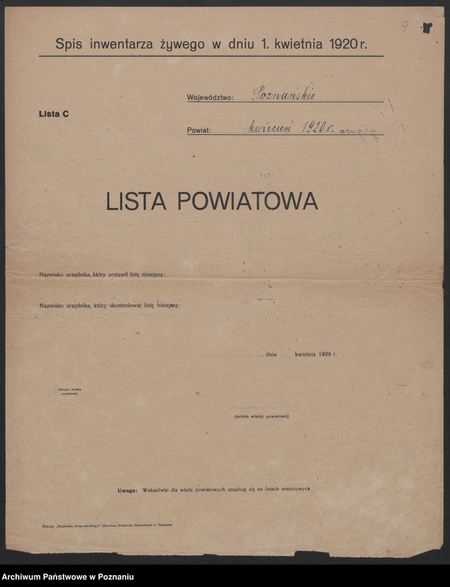Obraz 10 z jednostki "[Listy powiatowe zapasów ziemniaków w styczniu 1920 roku] oraz spis żywego inwentarza województwa poznańskiego 1 kwietnia 1920 roku]"