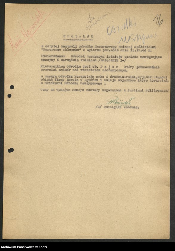 Obraz 17 z jednostki "Ośrodki Maszyn Rolniczych [- protokoły z kontroli i lustracji, wykazy kierowników Ośrodków]"
