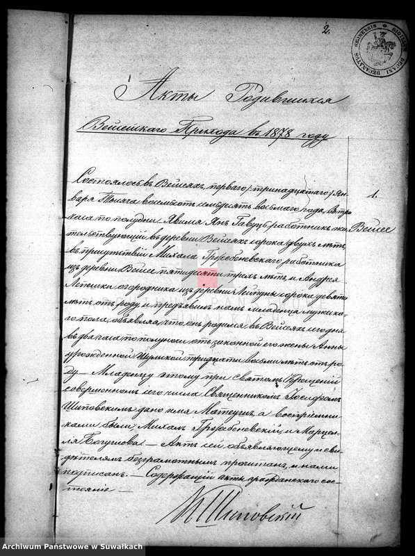 image.from.unit.number "Duplikat aktov rodivšichsja, umeršich i brakosočetavšichsja vejsejskogo rimsko-katoličeskogo prichoda na 1878 god"