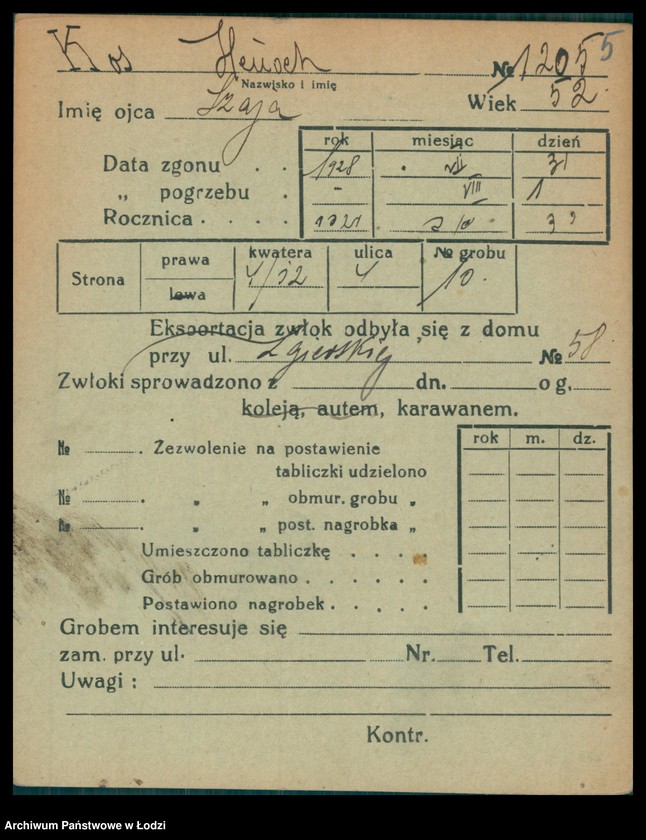 Obraz 6 z jednostki "Kartoteka osób pochowanych na cmentarzu żydowskim przy ulicy Brackiej w latach 1892-1959. Nazwiska na litery: Kos-Kra"