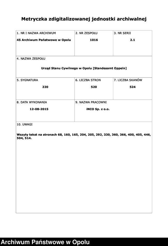 Obraz 2 z jednostki "Urząd Stanu Cywilnego Opole Księga Urodzeń Rok 1913 540-1057"