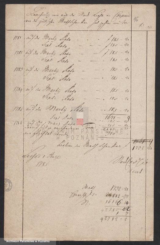 Obraz 13 z jednostki "Berechnung wieveil die Stadt Lissa an Czopowe vor das herrschaftliche Bier und Branntwein gezahlt hat; język niemiecki"