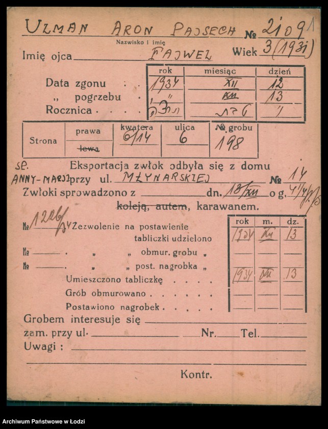 Obraz 2 z jednostki "Kartoteka osób pochowanych na cmentarzu żydowskim przy ulicy Brackiej w latach 1892-1944. Nazwiska na literę U"