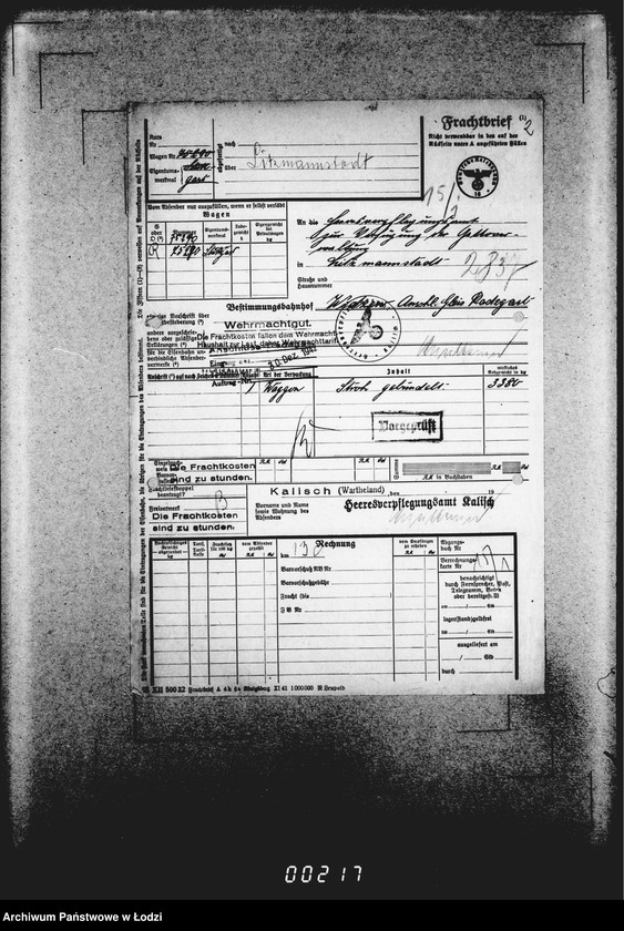 Obraz 6 z jednostki "Frachtbriefe [Kolejowe listy przewozowe różnych towarów do Getta w Łodzi]"