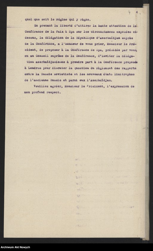image.from.unit.number "Pismo Delegacji Azerbejdżanu do Przewodniczącego Konferencji w Spaa, dotyczące zaproszenia delegacji na projektowaną Konferencję Londyńską"