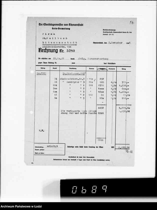 Obraz 20 z jednostki "F-ma St.Weilbach Litzmannstadt II Warenverwertung an den Juden Ältesten. 300 Stck.Teppiche"