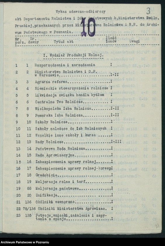 Obraz 5 z jednostki "Wykaz zdawczo-odbiorczy akt Departamentu Rolnictwa i Dóbr Państwowych byłego Ministerstwa byłej Dzielnicy Pruskiej przekazanych przez Ministerstwo Rolnictwa i R.R. do Archiwum Państwowego w Poznaniu. Tomów 878"