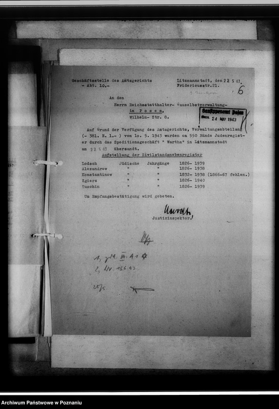 Obraz 10 z jednostki "Register der Juden, Dissidenten und Kirchenbuchduplikate, Pfarrarchive und Kirchenbücher [dotyczy terenu województwa łódzkiego]"