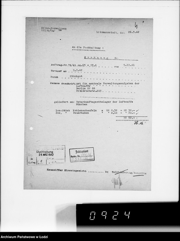 Obraz 6 z jednostki "Amt für Vewaltungsaufgaben der Luftwaffe Kriegsauftrag 49/41 A.z.V.100 Kohlenschaufeln. 200 Feuerhaken"