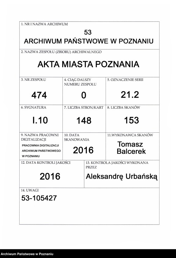 Obraz 1 z jednostki "Liber obligationum, decretorum, quietationum, contractuum. Acta civitatis Posnaniensis."