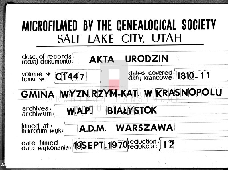 Obraz 1 z jednostki "Akta Cywilne Urodzonych Gminy Krasnopolskiey od R.1810 1 Maja do Roku 1811 1 Maja."