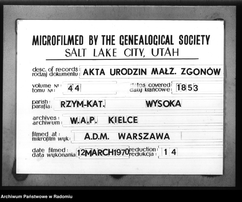 image.from.unit.number "Duplikat akt Religijno - Cywilnych Urodzonych, Zaszlubionych i Zmarłych Kościoła Parafij Wysoka za rok 1853 spisanych"