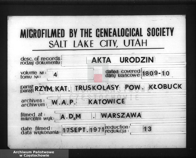 Obraz 1 z jednostki "Akta cywilne urodzeń gminy Truskolasy od dnia 1 miesiąca maja 1809 roku do dnia 30 miesiąca kwietnia 1810 roku wpisane"