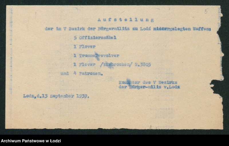 Obraz 8 z jednostki "[Akta V-go Komisariatu Milicji Obywatelskiej - pokwitowania i spisy oddanej broni, spisy wolnych lokali, rowerów i motocykli]"