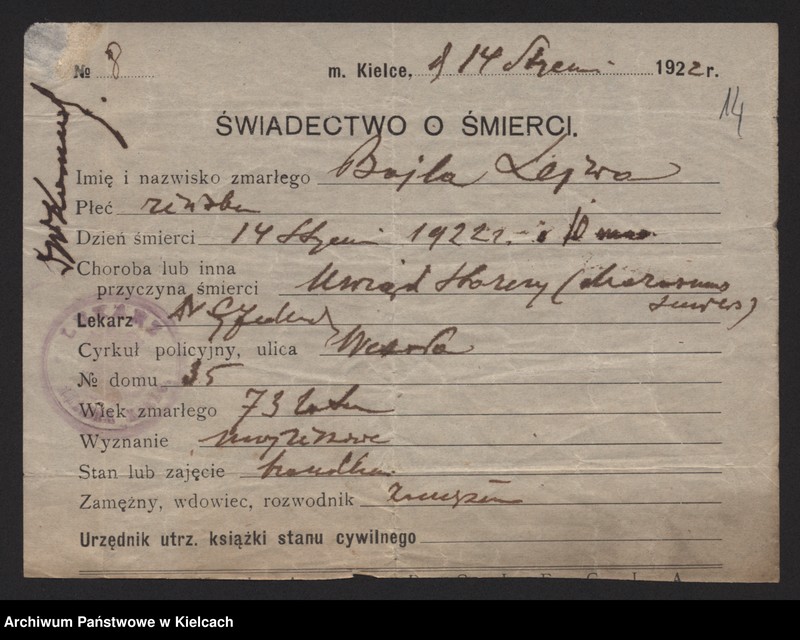 image.from.unit.number "Załączniki do akt zgonu Okręgu Bożniczego Kielce za rok 1922"