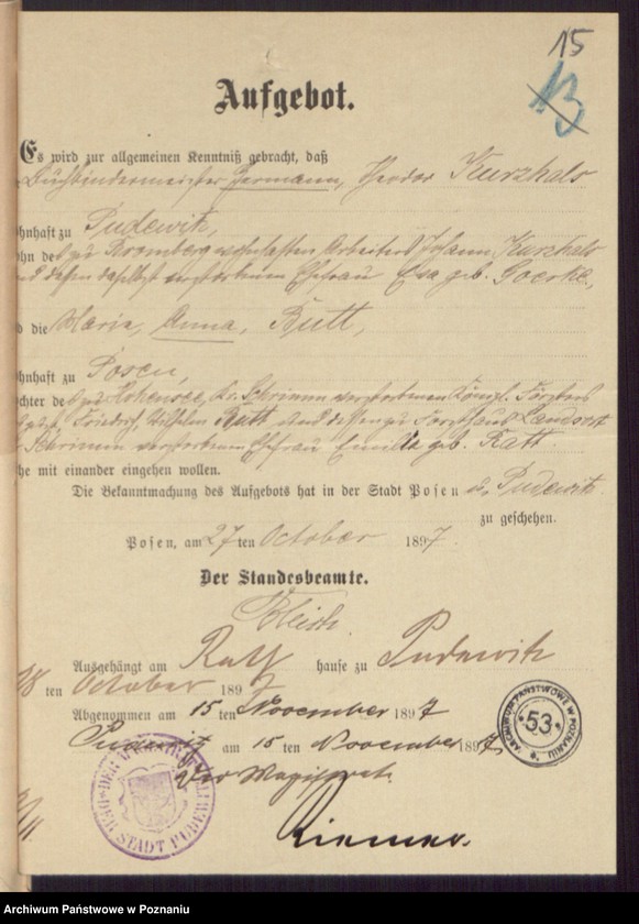 Obraz 17 z jednostki "Die von den Verlobten beigebrachten Urkunden zur Eheschliessung pro 1898"