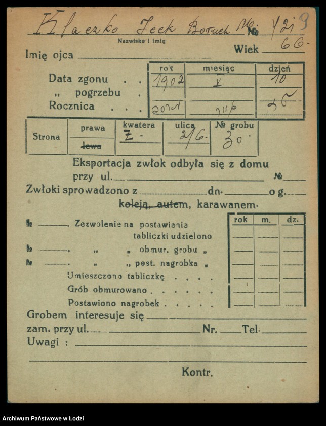 Obraz 10 z jednostki "Kartoteka osób pochowanych na cmentarzu żydowskim przy ulicy Brackiej w latach 1892-1959. Nazwiska na litery: Kl-Kn"