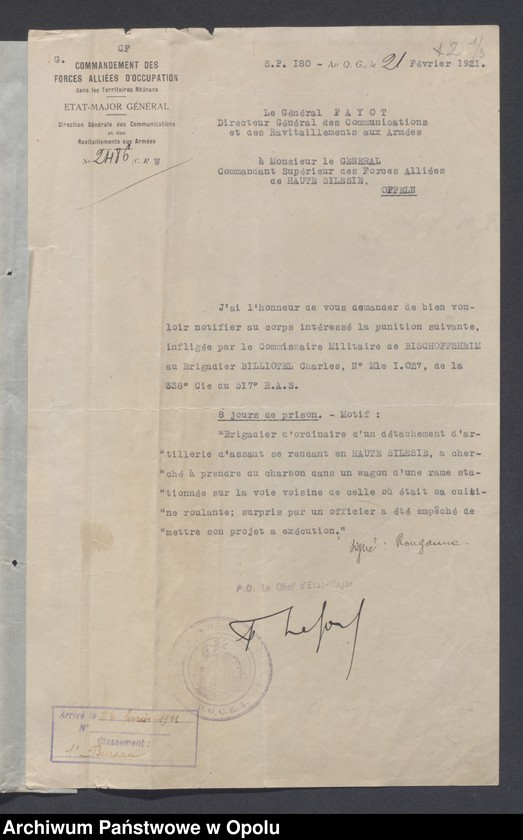 Obraz 4 z jednostki "Discipline-Recompenses-Decorations-Distractions-Punitions-Tenue generale /Korespondencja dotycząca dyscypliny, odznaczeń, pochwał, pracy oświatowej/"