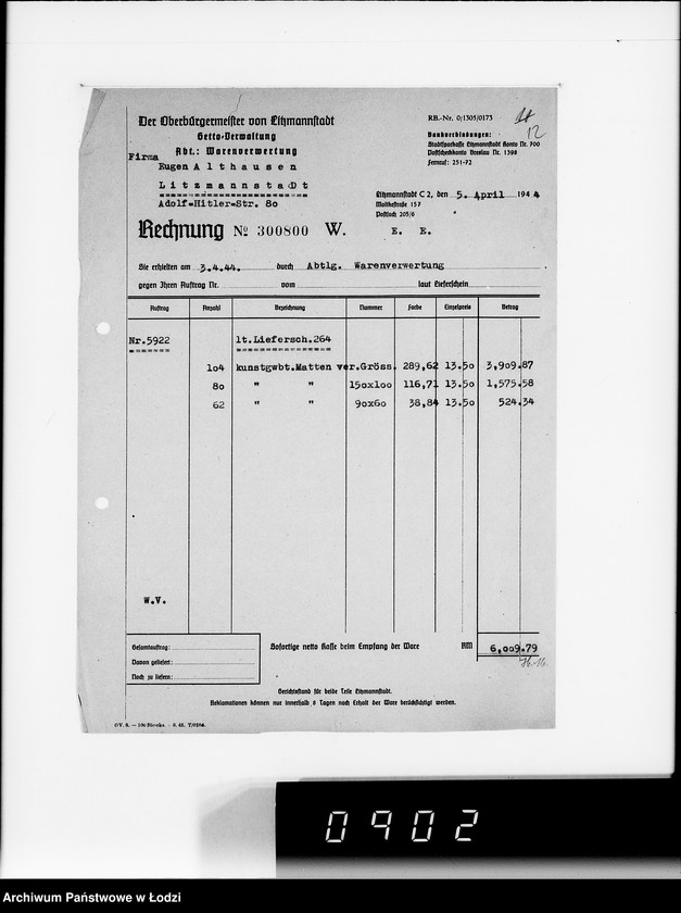 Obraz 16 z jednostki "Auftrag 592 Warenverwertung von den Judenältesten für Eugen Althausen Litzmannstadt"