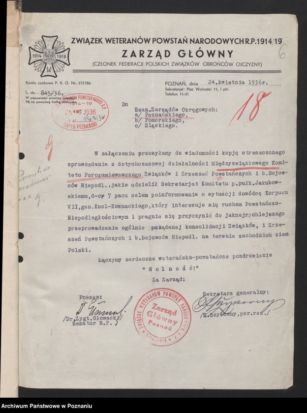 Obraz 10 z jednostki "Korespondencja Okręgu Poznańskiego Związku Weteranów Powstań Narodowych Rzeczypospolitej Polski i Związku Powstańców Wielkopolskich z Zarządem Głównym."