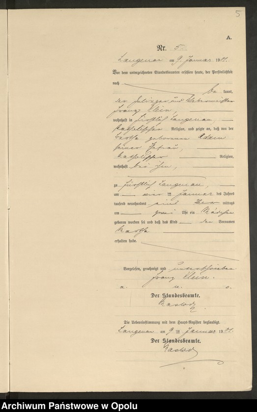 image.from.unit.number "Geburts-Neben-Register Standesamts Langenau pro 1901"