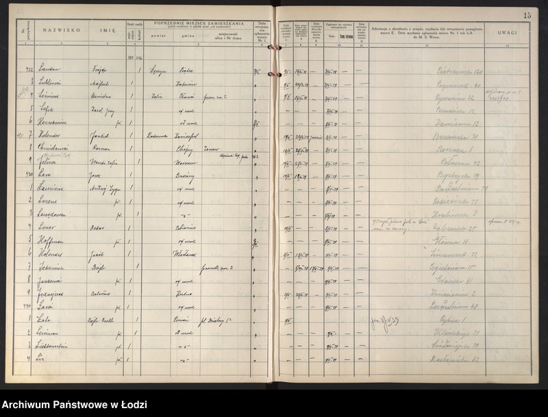 Obraz 19 z jednostki "Księga kontroli ruchu ludności (rejestr osób przybywających do gminy) Łódź, zespół III lit. H, I, J, L, Ł"