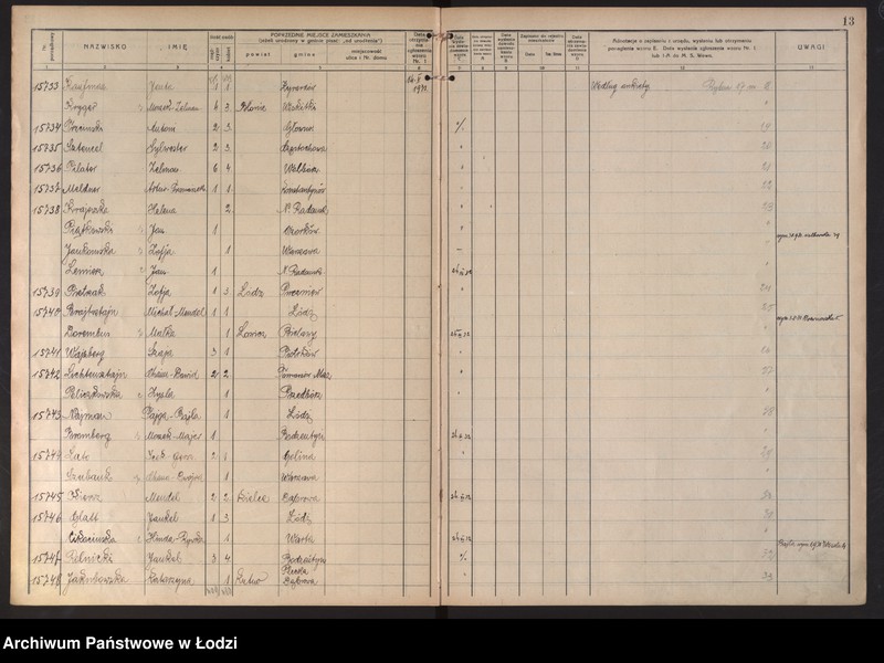 Obraz 17 z jednostki "Księga kontroli ruchu ludności (rejestr osób przybywających do gminy) Łódź, komisariat III, ks. VIII, nr 15533-17398"