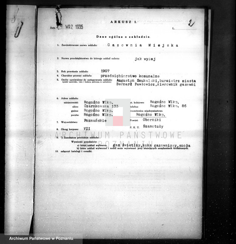 Obraz 6 z jednostki "Kwestionariusz Gazowni Miejskiej w Rogoźnie pow. obornicki"